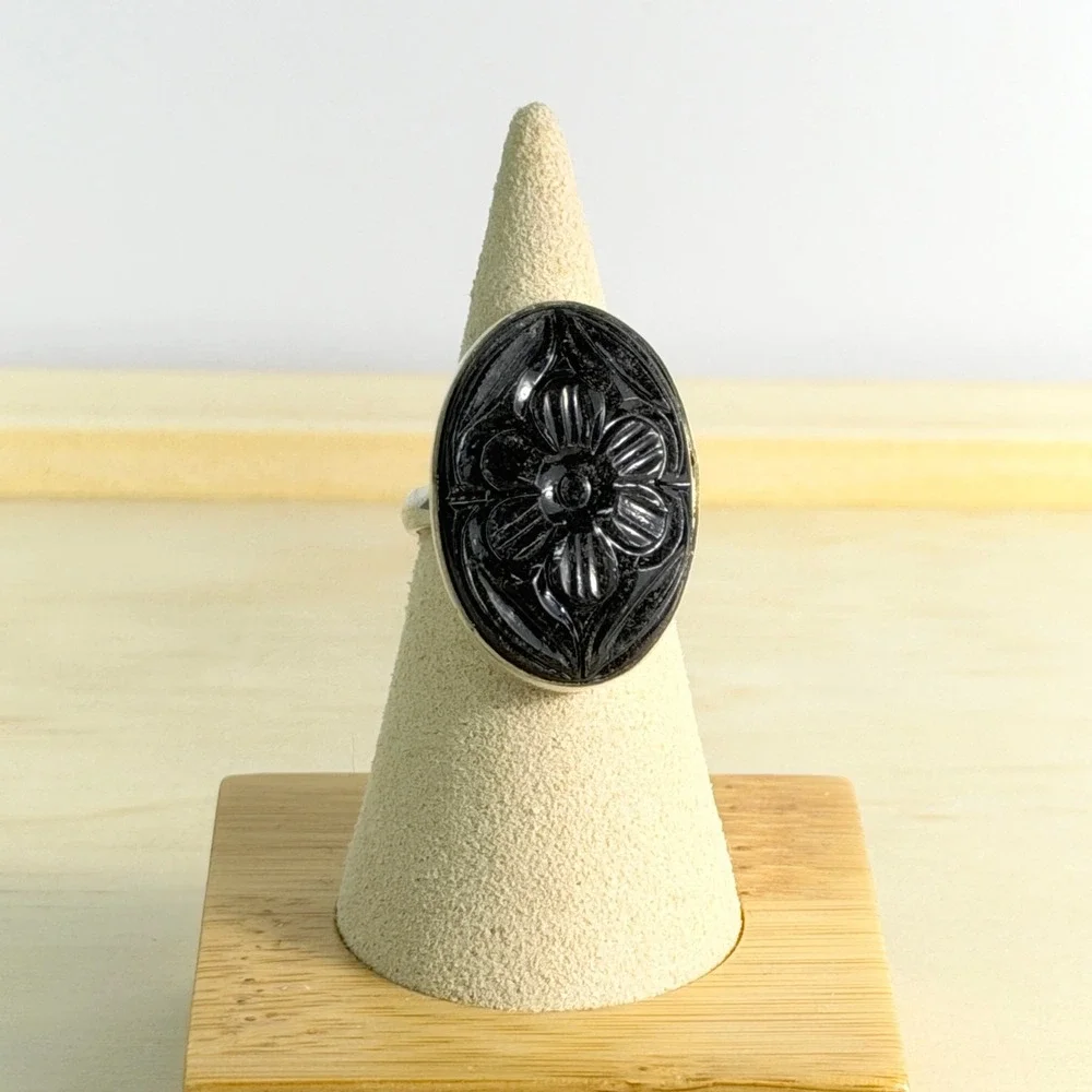 Vintage Onyx Black Sterling Silver Carved Floral Statement Ring Victorian Goth